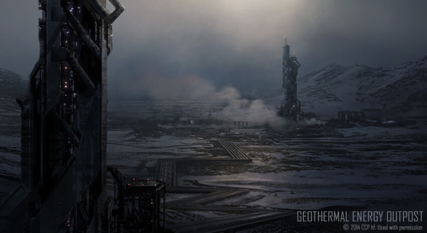 building caldari_state_(eve_online) cloud cloudy_sky commentary company_name concept_art dated dust_514 eve_online glowing grey_sky grey_theme industrial industrial_pipe mountain no_humans official_art outdoors overcast radio_antenna realistic scenery science_fiction sky snow steam will_burns