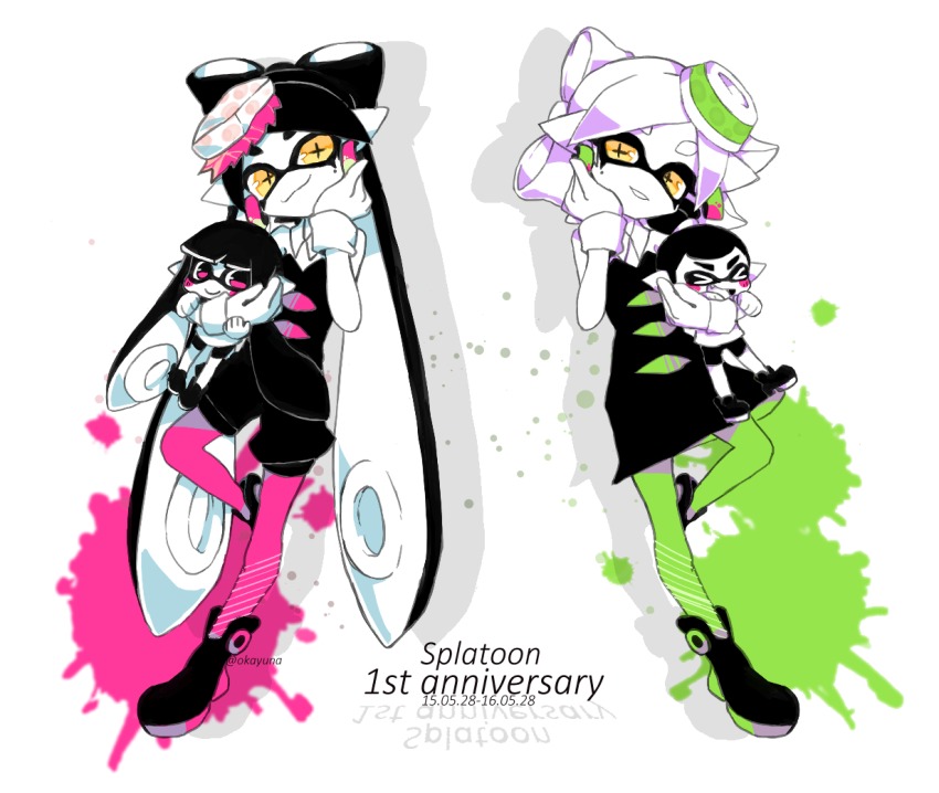 &gt;_&lt; +_+ 1boy 3girls :d ankle_boots anniversary bad_id bad_pixiv_id bike_shorts blush_stickers boots callie_(splatoon) closed_eyes copyright_name dated detached_collar dress earrings english_text fang food food_on_head full_body gloves green_legwear hand_on_own_face holding inkling jewelry leg_lift long_hair looking_at_viewer marie_(splatoon) mini_person miniboy minigirl mole mole_under_eye multiple_girls nintendo object_on_head open_mouth pantyhose parted_lips partially_colored purple_eyes purple_legwear shoes short_dress short_hair short_jumpsuit smile splatoon_(series) splatoon_1 standing strapless strapless_dress symmetrical_hand_pose tentacle_hair very_long_hair white_background xd yellow_eyes yuan