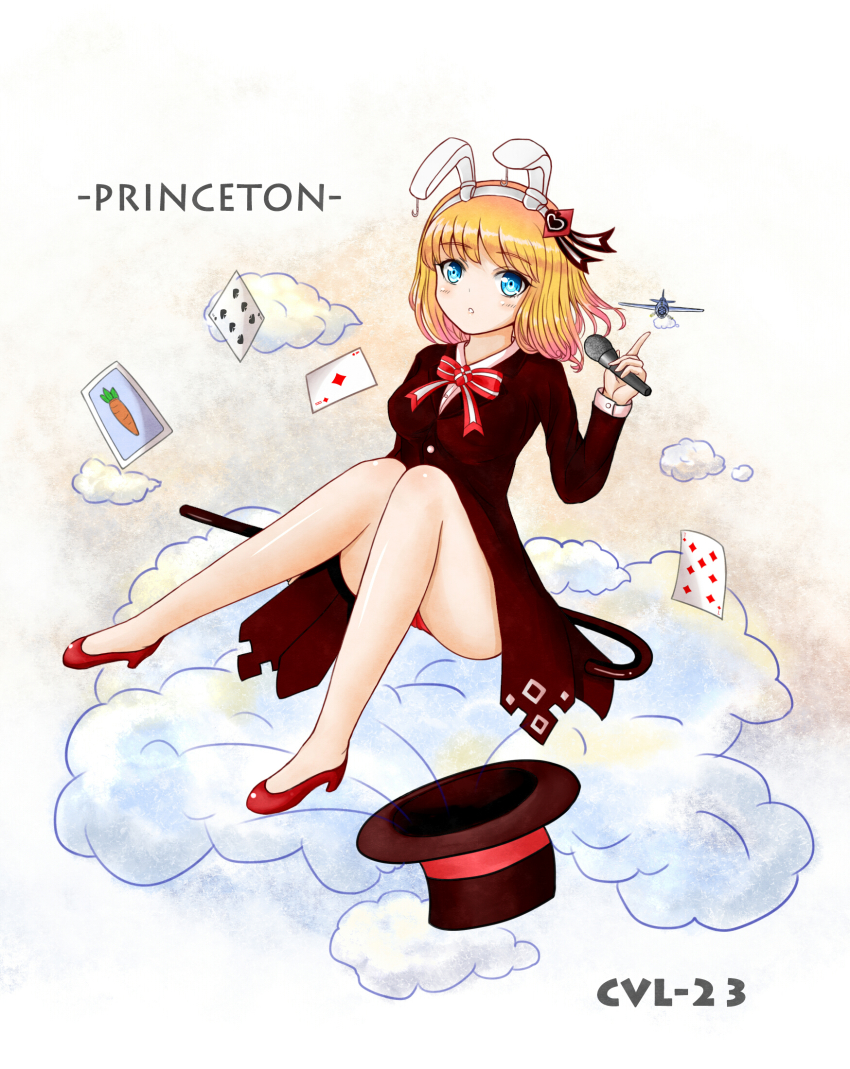 1girl aircraft airplane animal_ears ass bare_legs blonde_hair blue_eyes bow bowtie brown_coat burning_(wjxwjx81) buttons card character_name cloud coat fake_animal_ears female_focus hair_ornament hair_ribbon hairband hand_up hat high_heels highres holding holding_microphone index_finger_raised knees_together_feet_apart leg_up looking_away microphone open_mouth princeton_(warship_girls_r) rabbit_ears red_footwear ribbon shirt shoes short_hair simple_background sitting solo staff striped_bow striped_bowtie striped_clothes striped_neckwear thighs top_hat warship_girls_r white_shirt