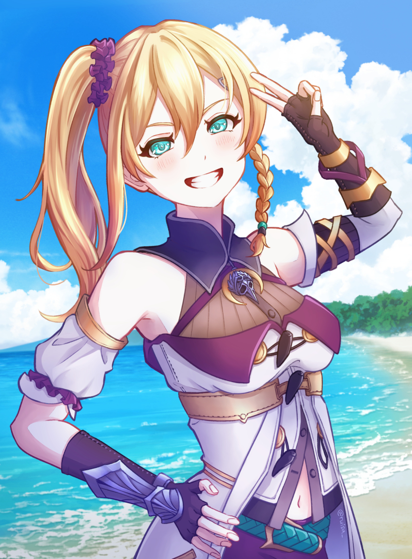 1girl aqua_eyes beach blonde_hair blue_sky braid breasts cloud commentary_request grin hair_between_eyes hair_ornament hair_scrunchie hand_on_own_hip highres karja_balta long_hair looking_at_viewer medium_breasts navel outdoors ruisa salute scrunchie side_ponytail single_braid sky smile solo standing teeth two-finger_salute water ys ys_x_nordics