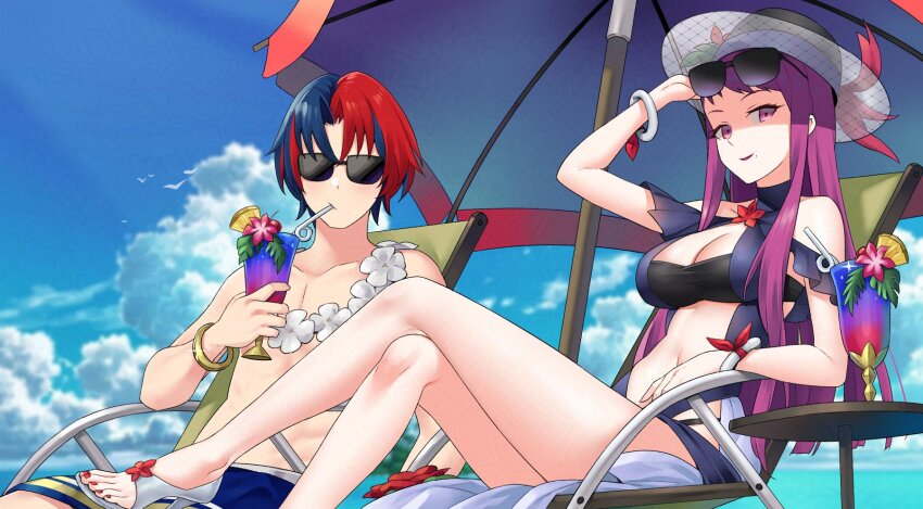 1boy 1girl alear_(fire_emblem) alear_(male)_(fire_emblem) alternate_costume bare_shoulders black_hat blue_one-piece_swimsuit breasts casual_one-piece_swimsuit cleavage commission dress_swimsuit fire_emblem fire_emblem_engage fire_emblem_heroes flower flower_necklace hat highres igni_tion ivy_(fire_emblem) ivy_(summer)_(fire_emblem) jewelry large_breasts long_hair looking_at_viewer mole mole_under_mouth necklace nintendo official_alternate_costume one-piece_swimsuit purple_eyes purple_hair stomach sunglasses swimsuit topless_male