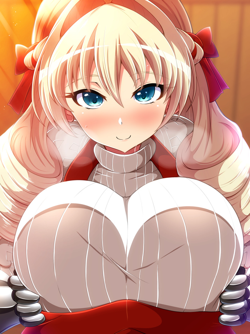 1girl absurdres aokura_shou blonde_hair blue_eyes blush braid breasts breasts_hold commission commissioner_upload crown_braid drill_hair highres huge_breasts looking_at_viewer red_ribbon ribbon scarlett_(unicorn_overlord) skeb_commission