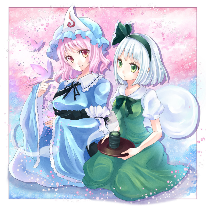 2girls blush breasts bug butterfly cup female_focus ghost green_eyes hair_ribbon hairband haou hat highres bug japanese_clothes konpaku_youmu konpaku_youmu_(ghost) medium_breasts multiple_girls pink_eyes pink_hair ribbon saigyouji_yuyuko short_hair silver_hair sitting skirt small_breasts smile teacup touhou tray triangular_headpiece vest