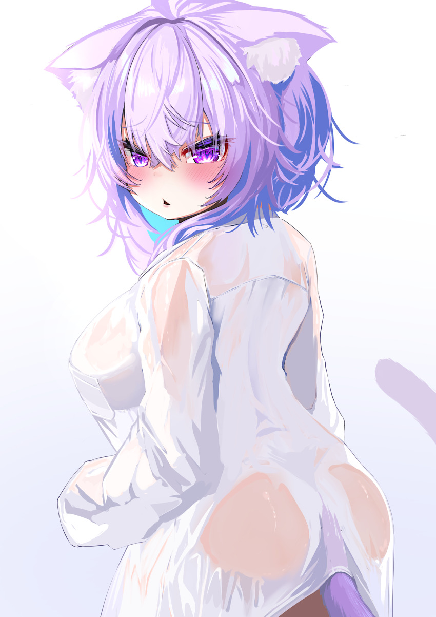 1girl ahoge animal_ear_fluff animal_ears ass blush breasts cat_ears cat_girl cat_tail highres hololive kajimakoto large_breasts looking_at_viewer looking_back medium_hair naked_shirt nekomata_okayu nekomata_okayu_(oversized_shirt) open_mouth purple_eyes purple_hair see-through_clothes see-through_shirt shirt sideboob tail virtual_youtuber wet wet_clothes white_shirt