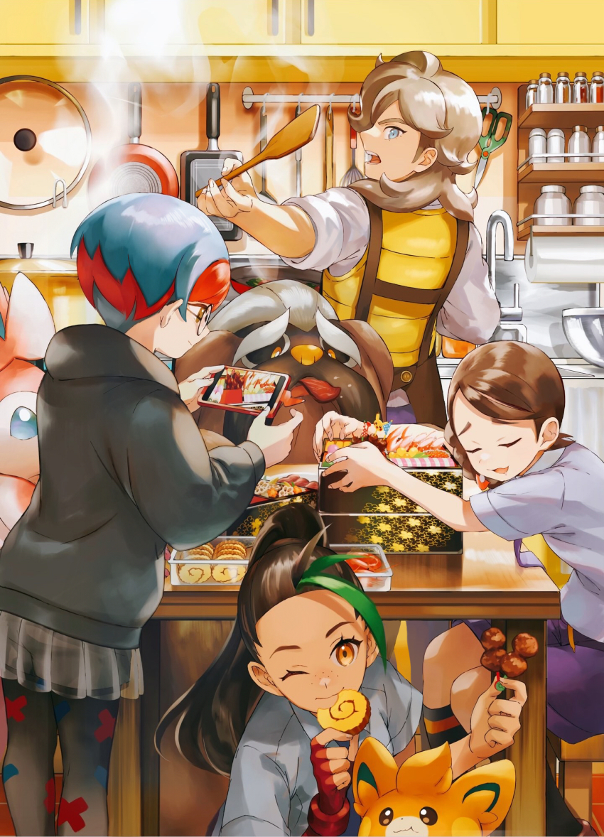 1boy 3girls arven_(pokemon) black_socks brown_hair closed_mouth commentary_request cooking creatures_(company) dark-skinned_female dark_skin eyelashes fingerless_gloves food freckles frying_pan game_freak gen_6_pokemon gloves green_hair highres holding hood hood_down hoodie indoors jar juliana_(pokemon) long_hair mabosstiff multicolored_hair multiple_girls nemona_(pokemon) nintendo one_eye_closed orange_eyes orange_mikan pantyhose pawmo penny_(pokemon) pokemon pokemon_sv ponytail purple_shorts red_gloves see-through_clothes see-through_skirt shirt shorts single_glove skirt socks steam sylveon table two-tone_hair vest white_shirt yellow_vest