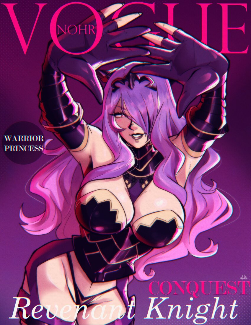 1girl absurdres armor black_armor blush breasts camilla_(fire_emblem) cleavage fire_emblem gloves hair_over_one_eye highres large_breasts lips long_hair looking_at_viewer navel nico_artoo nintendo open_mouth purple_eyes purple_gloves purple_hair smile solo tiara very_long_hair wavy_hair