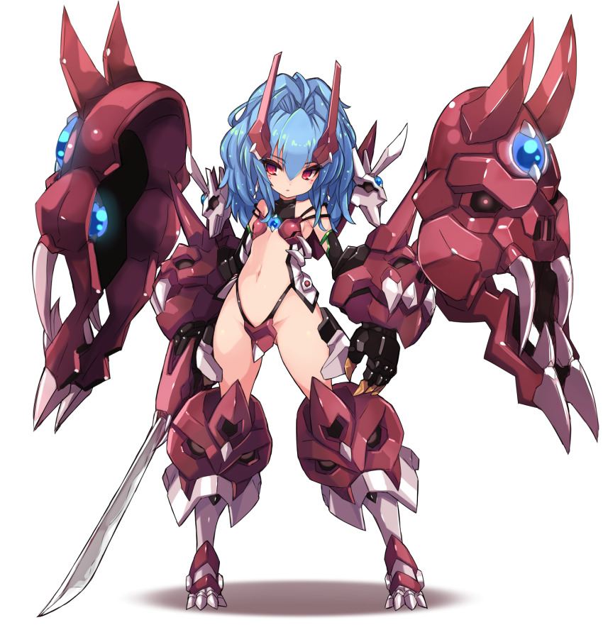 1girl alfimi armor bikini_armor blue_hair breasts curvy fangs gauntlets high_ponytail highres holding holding_sword holding_weapon horn_ornament horns karukan_(monjya) katana long_hair mecha mecha_musume navel original ponytail red_eyes revealing_clothes robot shiny_skin simple_background small_breasts solo stomach super_robot_wars super_robot_wars_original_generation sword thong very_long_hair weapon white_background