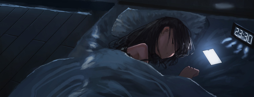 1girl alarm_clock bed bed_sheet bedroom black_hair black_nightgown blanket cellphone clock closed_eyes commentary_request digital_clock head_on_pillow highres indoors kagumanikusu light_rays lying medium_hair messy_hair nightgown on_bed on_side open_mouth original phone pillow screen_light segment_display sleeping smartphone under_covers wooden_floor