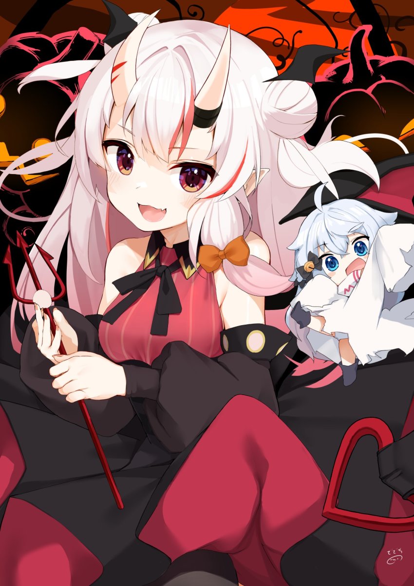 2girls :d ahoge bare_shoulders bell blue_eyes blue_hair bow detached_sleeves double_bun fang hair_bell hair_bow hair_bun hair_ornament halloween halterneck head_wings highres hololive horns indie_virtual_youtuber jack-o&#039;-lantern kagura_nana long_hair long_sleeves looking_at_viewer mini_person minigirl multicolored_hair multiple_girls nakiri_ayame neck_ribbon nejime open_mouth panties pantyshot pointy_ears polearm pumpkin red_eyes red_hair ribbon signature skin-covered_horns skin_fang sleeves_past_fingers sleeves_past_wrists smile streaked_hair trident underwear upper_body virtual_youtuber weapon white_hair white_panties wings