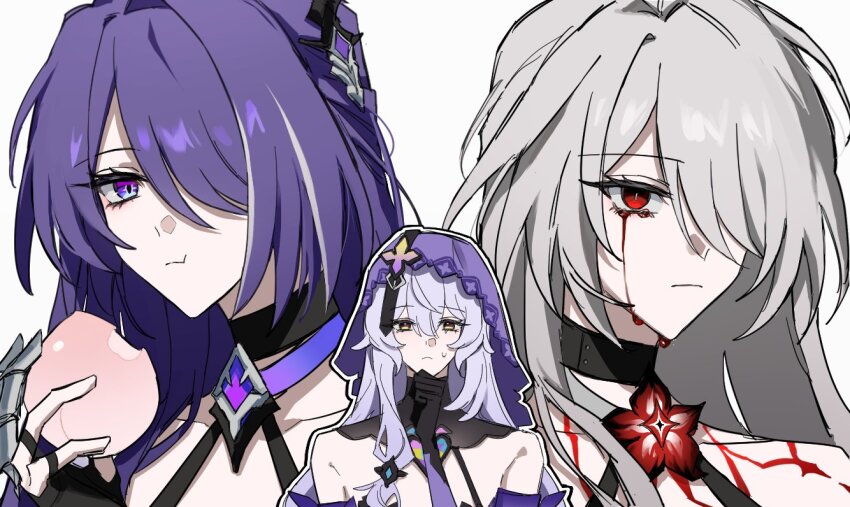 2girls acheron_(honkai:_star_rail) black_choker black_gloves black_swan_(honkai:_star_rail) choker commentary_request flower food frown fruit gloves hair_over_one_eye hand_on_own_chin holding holding_food holding_fruit honkai:_star_rail honkai_(series) korean_commentary long_hair multiple_girls official_alternate_color one_eye_covered owo_spinach peach puffy_cheeks purple_hair purple_veil red_eyes red_flower veil yellow_eyes