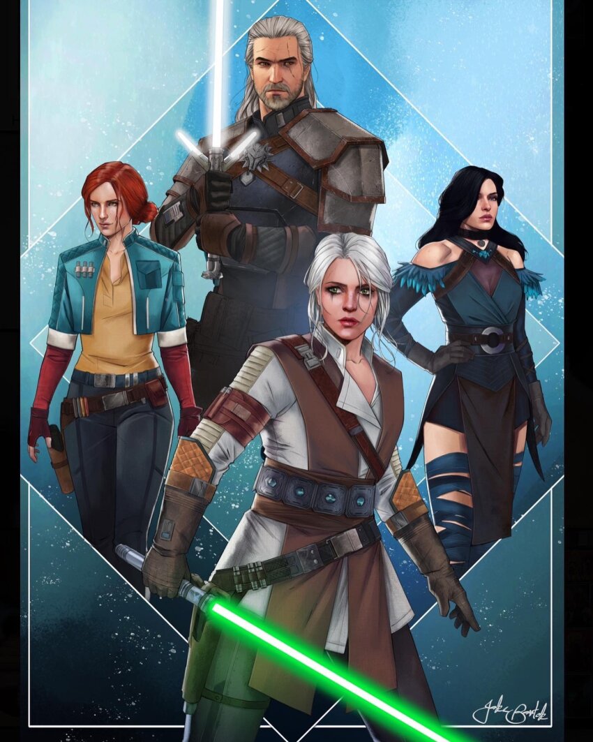 1boy 3girls aqua_jacket armor belt black_choker black_hair black_pants brown_gloves choker ciri cropped_jacket energy_sword fingerless_gloves geralt_of_rivia gloves green_eyes green_lightsaber hand_on_own_hip highres holding_lightsaber jacket jr_bartok lightsaber multiple_girls open_clothes open_jacket pants pendant_choker red_hair scar scar_across_eye shirt signature sword the_witcher_(series) the_witcher_3 triss_merigold weapon white_hair white_lightsaber yellow_shirt yennefer_of_vengerberg