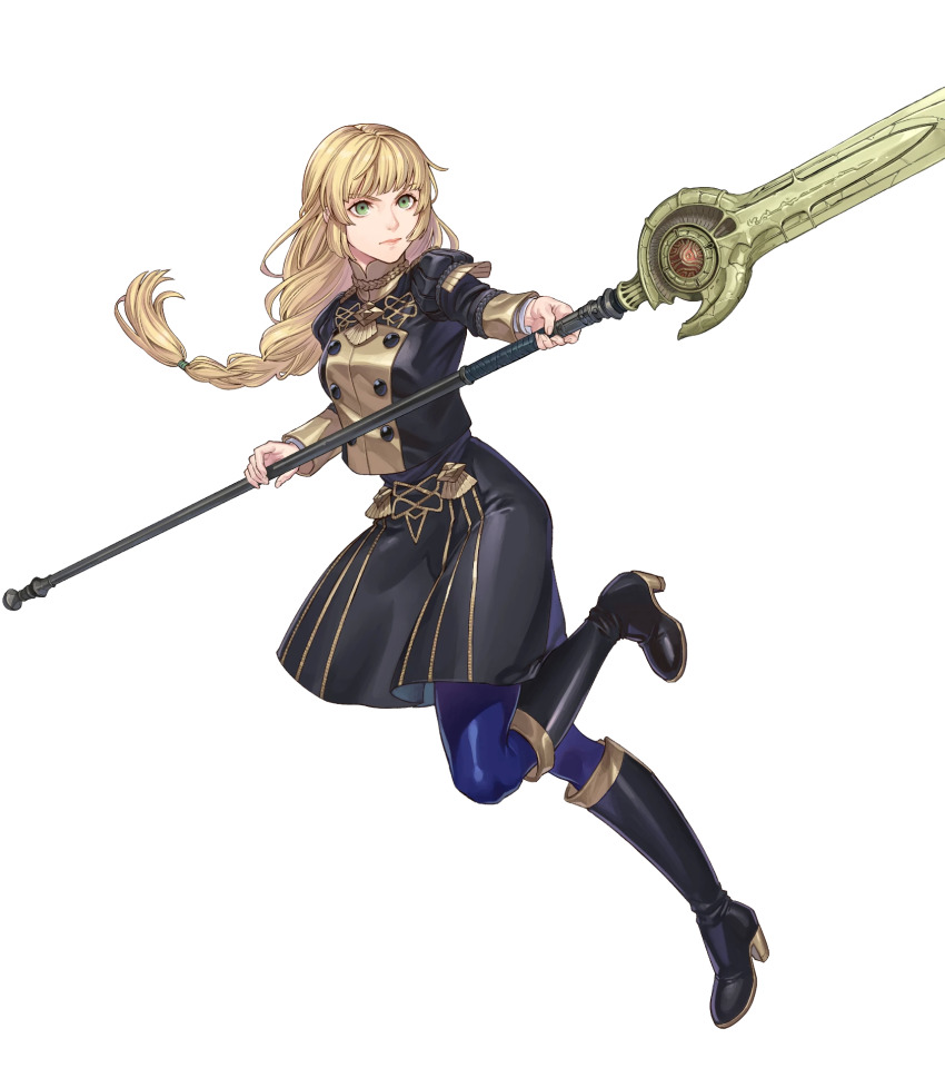 1girl ahoge black_footwear black_jacket black_skirt blonde_hair blue_pantyhose boots crests_(fire_emblem) fire_emblem fire_emblem:_three_houses fire_emblem_heroes full_body garreg_mach_monastery_uniform green_eyes heroes_relic_(fire_emblem) high_heel_boots high_heels highres holding holding_polearm holding_spear holding_weapon ingrid_brandl_galatea jacket long_hair long_sleeves looking_at_viewer luin_(weapon) nintendo nishiki_areku official_art pantyhose polearm skirt skirt_set solo spear transparent_background very_long_hair weapon