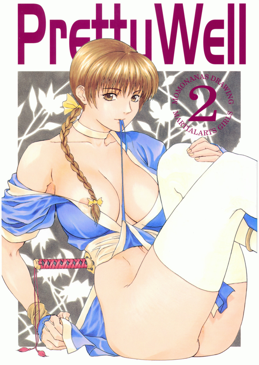 1girl absurdres areola_slip bare_shoulders bow braid breasts brown_eyes brown_hair choker cleavage collarbone cover dead_or_alive dead_or_alive_2 fingernails hair_bow highres japanese_clothes kasumi_(doa) long_hair looking_at_viewer medium_breasts momoi_nanabei mouth_hold ninja no_panties off_shoulder scan short_sleeves simple_background single_braid sitting solo thighhighs thighs weapon