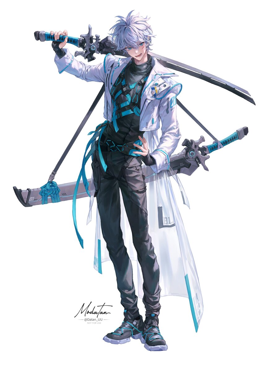 1boy :d absurdres artist_name belt black_footwear black_pants black_shirt blue_belt blue_eyes commentary cross-laced_footwear datan_uu full_body hair_between_eyes hand_on_own_hip highres holding holding_sword holding_weapon id_card jacket katana long_bangs long_sleeves lower_teeth_only male_focus messy_hair open_clothes open_jacket open_mouth original over_shoulder pants scabbard sheath sheathed shirt shoes short_hair simple_background smile sneakers solo strap sword teeth very_short_hair weapon weapon_over_shoulder white_background white_hair white_jacket