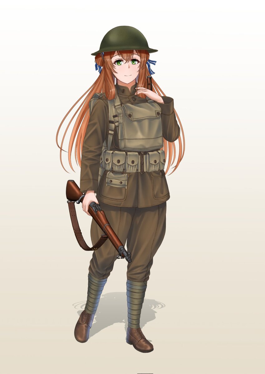 1girl bolt_action brown_footwear brown_hair brown_jacket brown_pants combat_helmet girls&#039;_frontline green_eyes green_headwear gun helmet highres holding holding_weapon jacket long_hair long_sleeves m1903_springfield military military_uniform pants rifle ryuukihei_rentai shadow smile solo springfield_(girls&#039;_frontline) united_states_army weapon white_background world_war_i