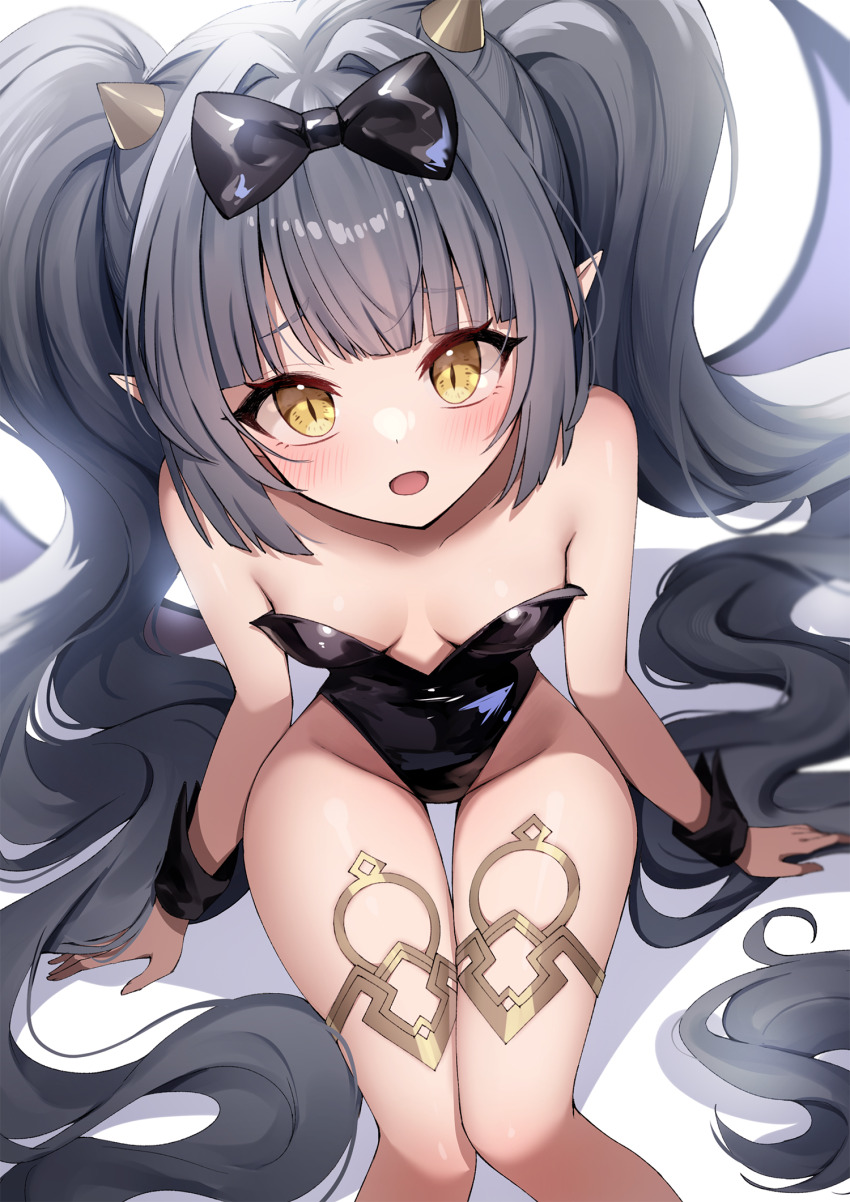 1girl ankkoyom bare_shoulders blush bow breasts eversoul grey_hair groin hair_bow highres horns leotard long_hair looking_at_viewer open_mouth playboy_bunny pointy_ears sitting slit_pupils small_breasts solo twintails very_long_hair wrist_cuffs yellow_eyes