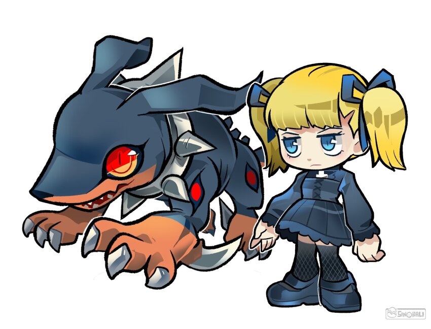 1boy 1girl alice_mccoy blonde_hair blue_eyes digimon digimon_(creature) digimon_tamers dobermon dog dress highres red_eyes sinobali spikes