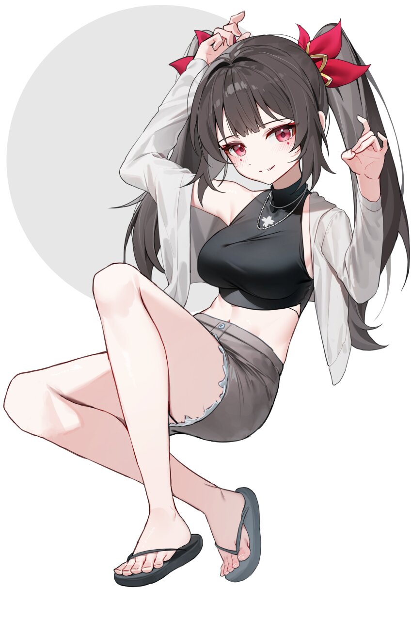 1girl absurdres arm_up bare_legs black_hair black_shirt breasts crop_top facial_mark feet flip-flops grey_skirt grin hair_intakes hand_up highres honkai:_star_rail honkai_(series) large_breasts legs long_hair looking_at_viewer mark_under_both_eyes midriff miniskirt navel off_shoulder open_clothes pink_eyes revision sandals shirt single_bare_shoulder skirt sleeveless sleeveless_shirt smile solo sparkle_(honkai:_star_rail) stomach sugar_(dndi888) thighs toenails toes very_long_hair white_background