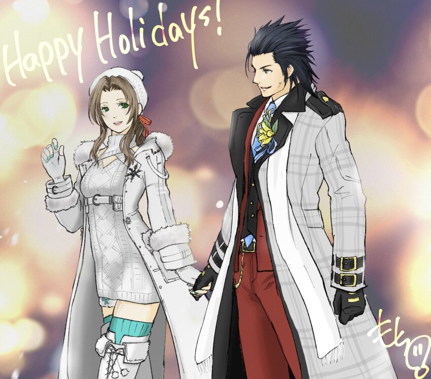 1boy 1girl aerith_gainsborough aerith_gainsborough_(fairy_of_snowfall) black_gloves blue_nails blurry blurry_background coat corsage dress final_fantasy final_fantasy_vii final_fantasy_vii_ever_crisis fingerless_gloves flower formal fur_trim gloves happy_holidays hat highres holding_hands long_coat looking_at_another mochimochi1082 official_alternate_costume smile suit thighhighs winter_clothes winter_coat zack_fair zack_fair_(holiday_suit)