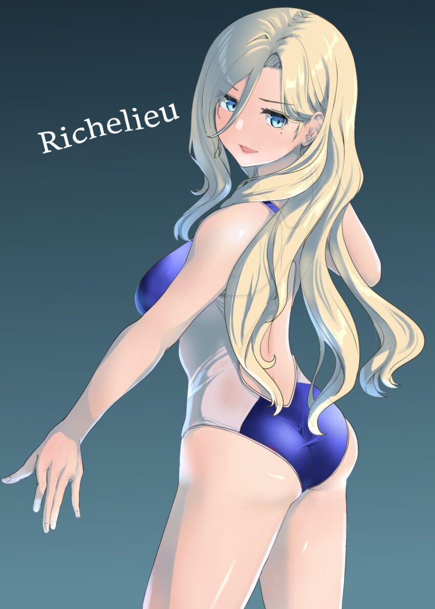 1girl alternate_costume ass back blonde_hair blue_eyes blue_one-piece_swimsuit blush breasts character_name competition_swimsuit gradient_background green_background hair_between_eyes highres jouzaburou_(joe3) kantai_collection large_breasts long_hair looking_at_viewer mole mole_under_eye one-piece_swimsuit open_mouth richelieu_(kancolle) smile solo swimsuit two-tone_swimsuit