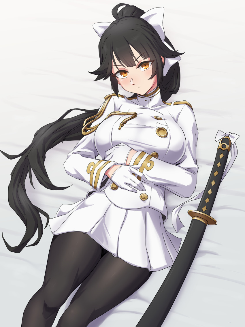 1girl absurdres azur_lane black_hair bow breasts brown_eyes commentary_request extra_ears feet_out_of_frame hair_bow hair_flaps highres jacket katana large_breasts long_hair military_jacket military_uniform pleated_skirt ponytail ribbon sheath sheathed siratori_(yy_203) skirt solo sword takao_(azur_lane) two-tone_leotard weapon white_bow white_jacket white_ribbon white_skirt