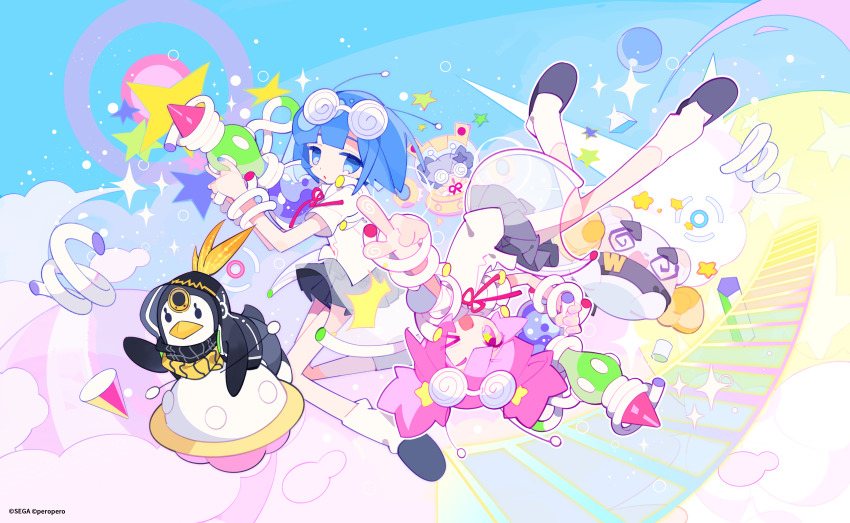 3girls ;d @_@ absurdres antennae bear belt bird black_belt black_eyes black_footwear black_skirt blue_eyes blue_hair blue_nails boxing_gloves buro_(muse_dash) character_request chuni_penguin chunithm cloud cloudy_sky coke-bottle_glasses collared_shirt copyright_name copyright_notice crossover energy_gun eyewear_on_head full_body glasses grey_hair gun hair_ornament highres holding holding_gun holding_ray_gun holding_weapon loose_socks marija_(muse_dash) multiple_girls muse_dash nail_polish neck_ribbon official_art ola_(muse_dash) one_eye_closed open_mouth parted_lips penguin peroperogames pink_hair ray_gun red_ribbon ribbon second-party_source sega shirt shoes short_hair short_twintails skirt sky smile socks sparkle star-shaped_pupils star_(symbol) star_hair_ornament symbol-shaped_pupils twintails ufo upside-down weapon white_shirt white_socks zoookiiiii