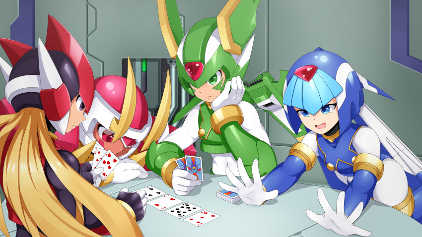 1girl 3boys absurdres armor blue_armor blue_eyes blue_helmet brother_and_sister brothers card deck_of_cards fairy_leviathan_(mega_man) fighting_fefnir_(mega_man) five_of_diamonds forehead_jewel green_armor green_eyes green_helmet helmet highres holding holding_card jwc_vevo mechanical_wings mega_man_(series) mega_man_zero_(series) multiple_boys playing_card poker red_armor red_eyes red_helmet sage_harpuia_(mega_man) seven_of_clubs seven_of_diamonds seven_of_hearts shoulder_armor siblings ten_of_spades two_of_hearts wings zero(z)_(mega_man) zero_(mega_man)