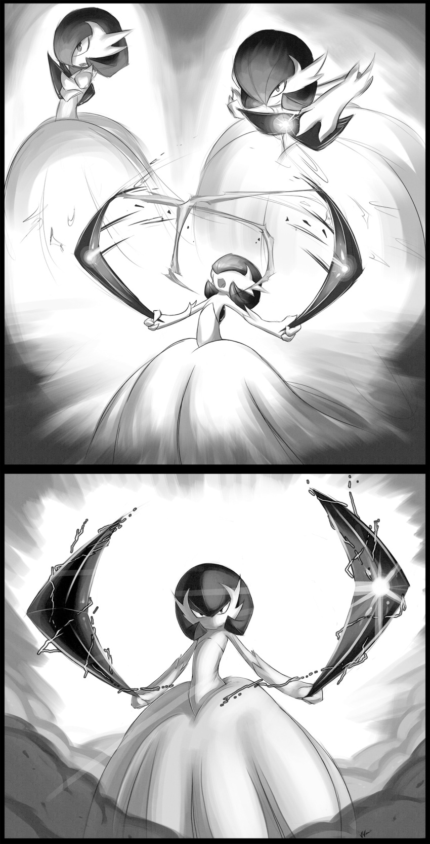 bob_cut creatures_(company) dress elbow_gloves game_freak gardevoir gen_3_pokemon gloves greyscale highres holding holding_sword holding_weapon mega_gardevoir mega_pokemon monochrome nintendo pokemon pokemon_(creature) strapless strapless_dress sword verdantviper weapon white_dress white_gloves