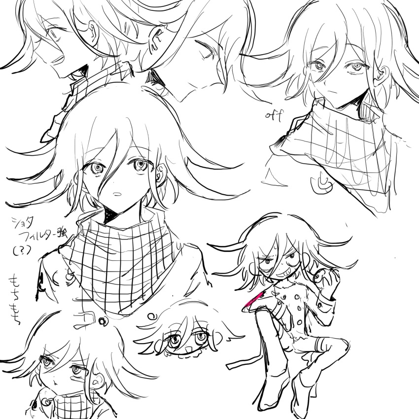 1boy :d buttons danganronpa_(series) danganronpa_v3:_killing_harmony double-breasted flipped_hair greyscale hair_between_eyes highres jacket looking_at_viewer male_focus medium_hair monochrome multiple_views oma_kokichi open_mouth pants plaid_clothes plaid_scarf pout scarf sketch smile teeth translation_request upper_teeth_only wa_noko