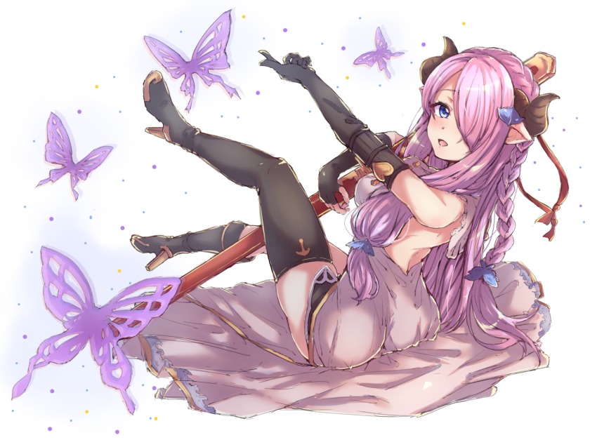 10s 1girl :d bad_id bad_pixiv_id bare_shoulders black_footwear black_gloves black_thighhighs blue_eyes braid breasts bug butterfly butterfly_hair_ornament draph elbow_gloves female_focus gloves granblue_fantasy hair_ornament hair_over_one_eye high_heels highres horns insect purple_dress light_purple_hair long_hair looking_at_viewer looking_back nametake_(nekoyasya12172) narmaya_(granblue_fantasy) open_mouth pointy_ears shoes single_braid single_thighhigh sitting smile solo staff thighhighs