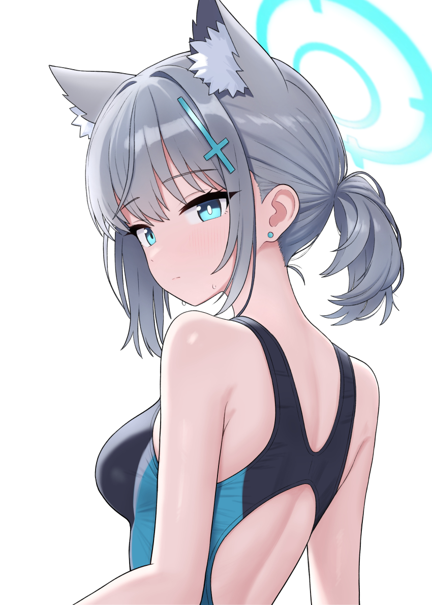 1girl absurdres animal_ear_fluff animal_ears bare_arms bare_shoulders black_one-piece_swimsuit blue_archive blue_eyes blue_halo blush breasts closed_mouth competition_swimsuit cross_hair_ornament extra_ears grey_hair hair_ornament halo highres medium_breasts medium_hair official_alternate_costume one-piece_swimsuit saho_4545 shiroko_(blue_archive) shiroko_(swimsuit)_(blue_archive) simple_background solo swimsuit upper_body white_background wolf_ears