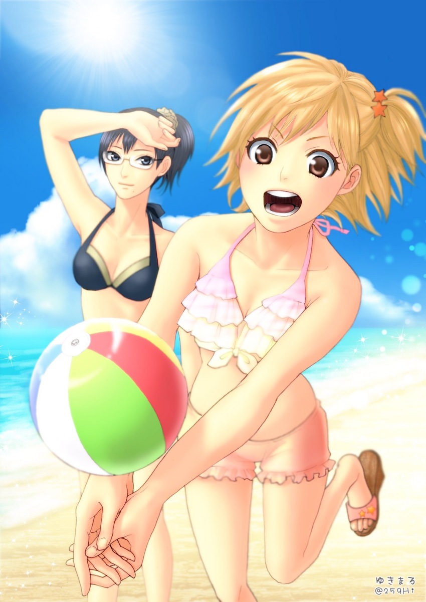 2girls ball beach beachball bikini black_hair blonde_hair blue_eyes breasts cleavage frilled_bikini frills glasses haikyuu!! hi-259 highres mole mole_under_mouth multiple_girls ocean outdoors sand sandals shimizu_kiyoko smile sun swimsuit water yachi_hitoka