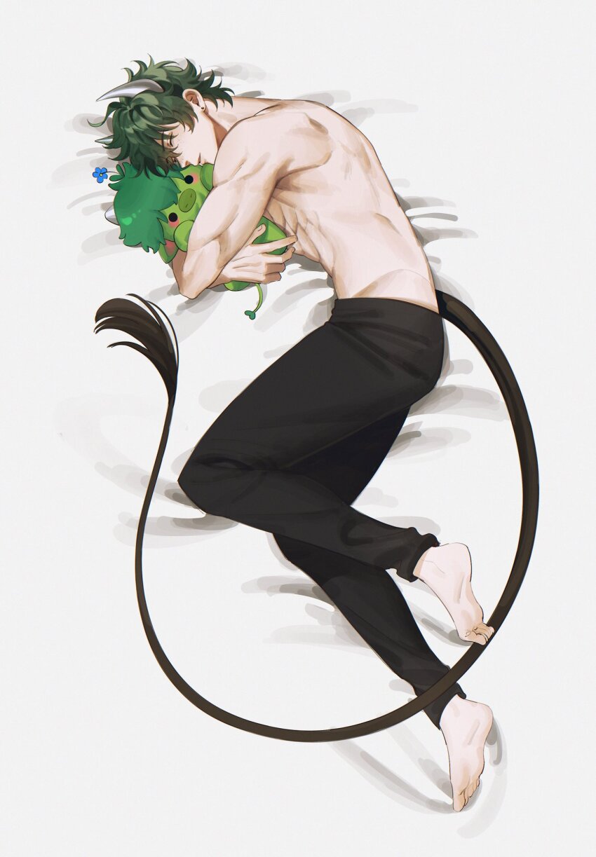 1boy 1other algorhythm_project barefoot black_pants black_tail closed_eyes earrings feet green_hair highres horns jewelry male_focus montaro morr_(algorhythm_project) pants short_hair toes topless_male virtual_youtuber