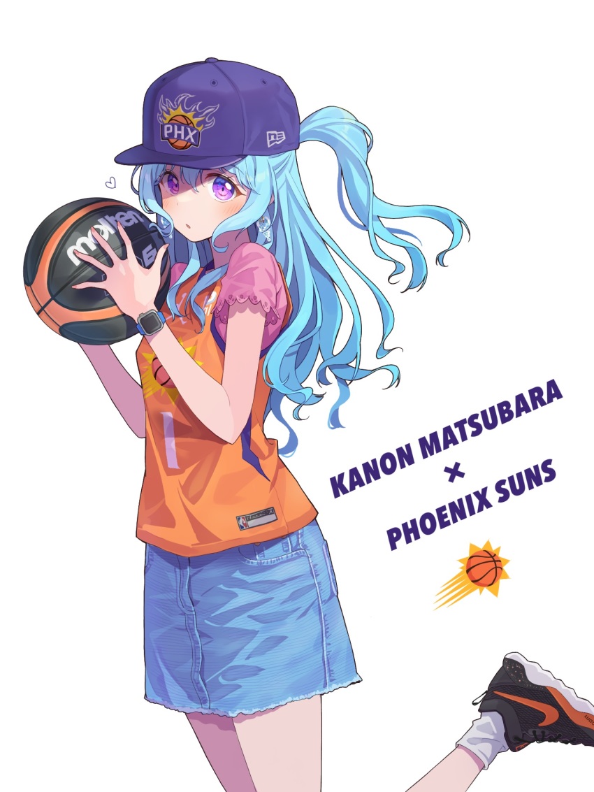 1girl ball bang_dream! baseball_cap basketball basketball_(object) basketball_jersey black_footwear blue_hair blue_hat character_name denim denim_skirt devin_booker hat highres holding holding_ball matsubara_kanon national_basketball_association new_era nike_(company) orange_shirt phoenix_suns pink_shirt shirt shoes side_ponytail skirt sleeveless sleeveless_shirt sneakers solo watch white_background wristwatch yazawa_happyaro