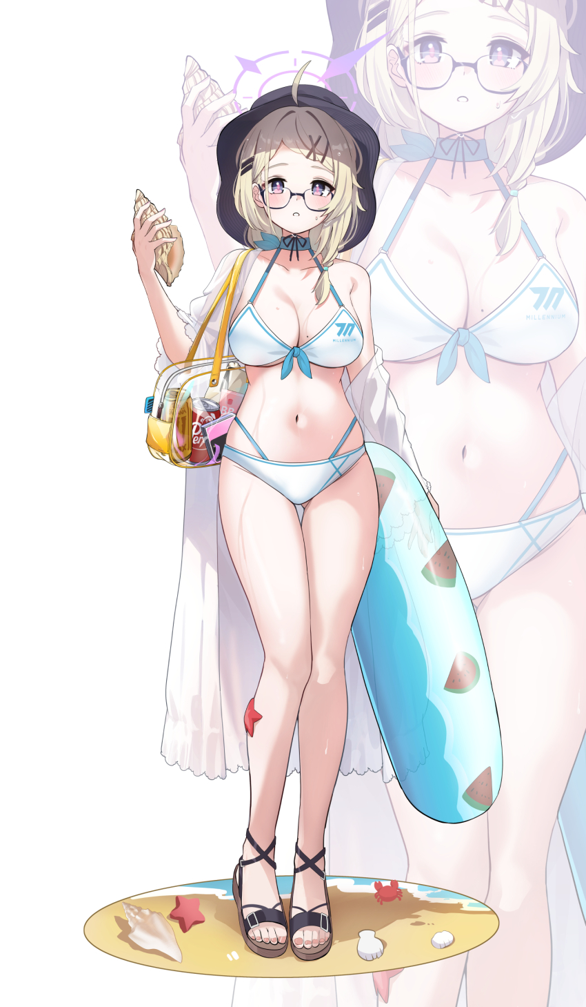 1girl absurdres ahoge animal beach bikini black-framed_eyewear black_hat blonde_hair blue_archive blush breasts can cleavage collarbone crab full_body glasses groin halo hat highres holding holding_swim_ring inapple innertube kotama_(blue_archive) large_breasts long_hair navel open_mouth purple_eyes purple_halo sandals simple_background solo starfish swim_ring swimsuit toes white_background white_bikini zoom_layer