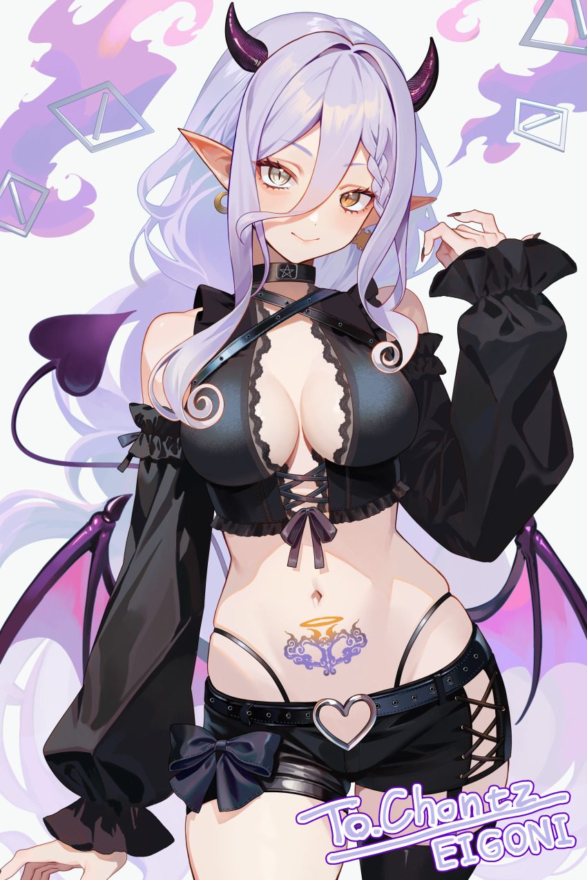 1girl absurdres acalyss_(chontz) bare_shoulders belt black_choker black_shirt black_shorts black_thighhighs braid breasts choker cleavage closed_mouth commission cowboy_shot crop_top demon_girl demon_horns demon_tail demon_wings detached_sleeves earrings eigoni frilled_shirt frills garter_straps grey_eyes hair_between_eyes hand_up heart heterochromia highleg highres horns jewelry large_breasts long_hair long_sleeves looking_at_viewer low_wings medium_breasts midriff navel orange_eyes original panty_straps pointy_ears puffy_long_sleeves puffy_sleeves shirt short_shorts shorts sidelocks single_garter_strap skeb_commission skindentation sleeveless sleeveless_shirt slit_pupils smile solo standing stomach stomach_tattoo tail tattoo thighhighs very_long_hair white_hair wings