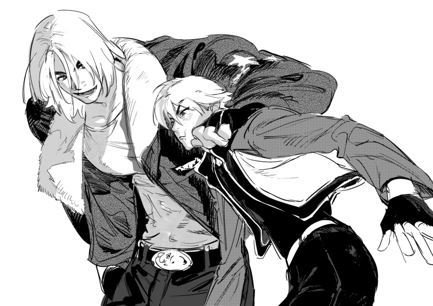 2boys :t arm_around_shoulder atie1225 belt belt_buckle buckle commentary_request crew_neck fatal_fury fingerless_gloves fur-trimmed_collar fur_trim garou:_mark_of_the_wolves gloves greyscale hair_between_eyes highres jacket long_sleeves looking_ahead looking_at_another lower_teeth_only male_focus monochrome multiple_boys open_mouth outstretched_arm pants rock_howard shirt sketch star_(symbol) t-shirt teeth terry_bogard