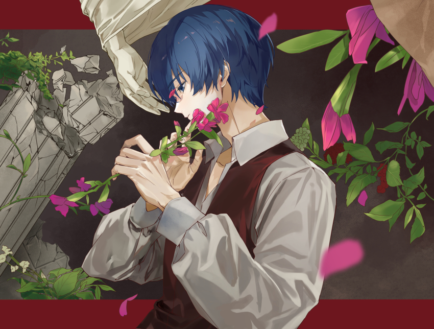 1boy arms_up blue_eyes blue_hair broken_pillar closed_mouth collared_shirt commentary disembodied_hand eme_de_ank falling_petals flower grey_background hair_between_eyes hashtag-only_commentary highres holding holding_flower kaito_(vocaloid) letterboxed long_sleeves looking_down male_focus outside_border petals profile puffy_sleeves red_vest shirt solo upper_body vest vocaloid white_shirt wrist_cuffs