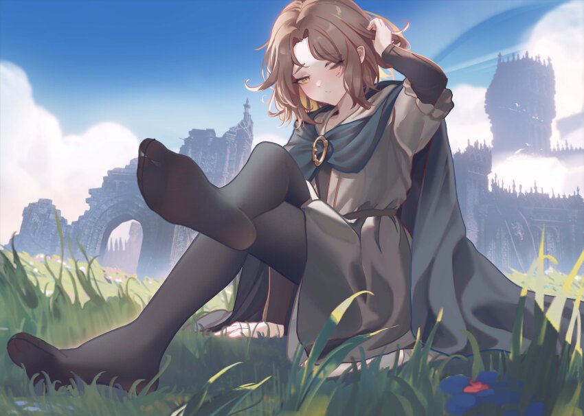 1girl absurdres arm_up black_pantyhose blue_sky blush brown_hair closed_mouth crossed_legs daxieshen_huashi day dorsiflexion dress elden_ring eyelashes feet foot_up foreshortening full_body grass grey_cloak grey_dress highres legs long_sleeves looking_at_viewer medium_hair melina_(elden_ring) no_shoes on_ground one_eye_closed outdoors pantyhose parted_bangs see-through see-through_legwear sitting sky soles solo toes yellow_eyes