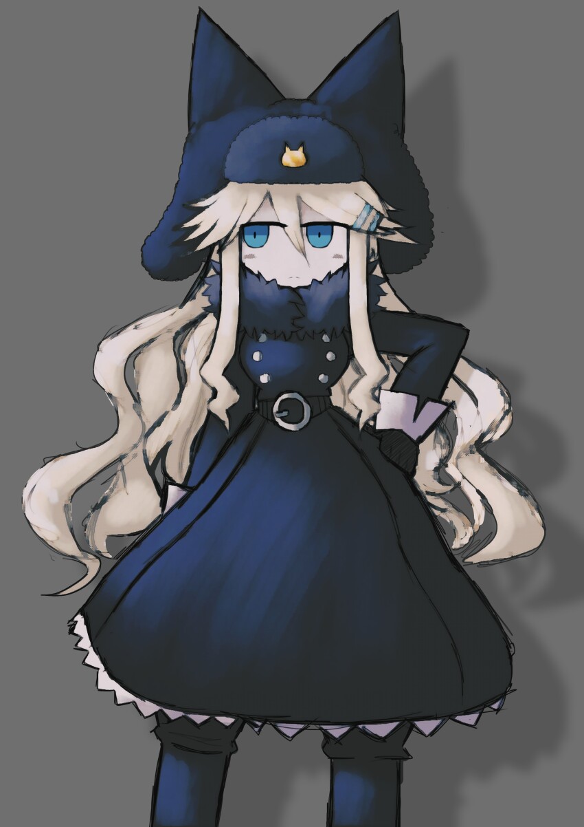 1girl absurdres belt black_belt black_coat black_gloves black_hat black_thighhighs blonde_hair blue_eyes breasts closed_mouth coat expressionless funamusea fur-trimmed_coat fur_hat fur_trim gloves grey_background hair_between_eyes hair_ornament hairclip hand_on_own_hip hat hat_with_ears highres iesonatana long_hair looking_to_the_side medium_breasts mogeko_castle mogekov shadow simple_background solo thighhighs ushanka