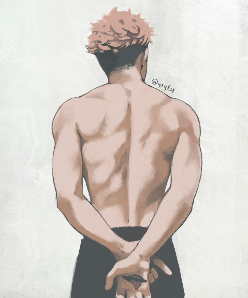 1boy back black_pants facing_back hand_mouth highres itadori_yuuji jujutsu_kaisen looking_back male_focus pants qxq_illus short_hair solo topless_male twitter_username undercut upper_body white_background