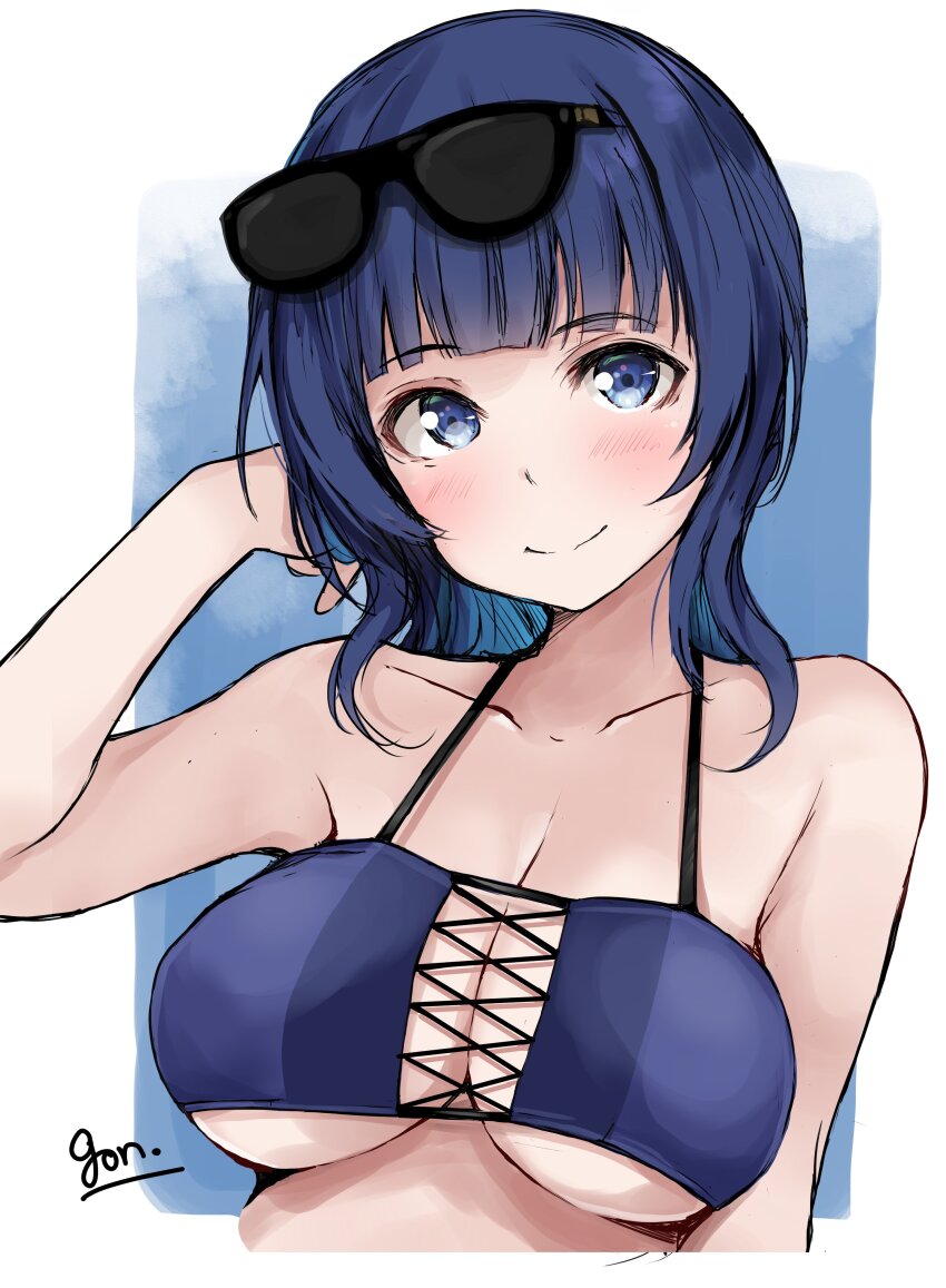 1girl absurdres artist_name asaka_karin bikini blue_background blue_bikini blue_eyes blue_hair blush breasts cleavage commentary_request dark_blue_hair eyewear_on_head gengoroh highres large_breasts love_live! love_live!_nijigasaki_high_school_idol_club multicolored_background portrait signature smile sunglasses swimsuit white_background