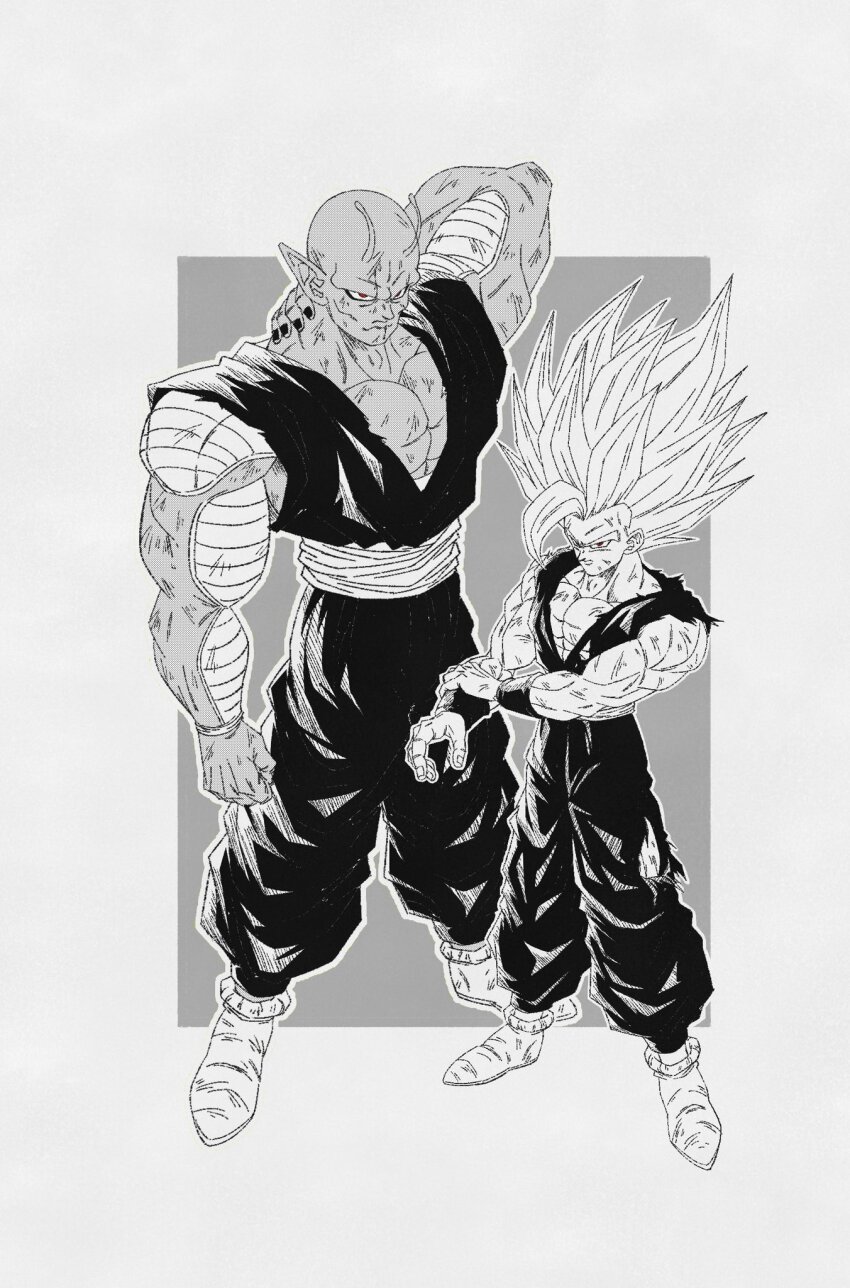 2boys antennae araaaa453 arm_behind_head dougi dragon_ball dragon_ball_super dragon_ball_super_super_hero full_body gohan_beast grey_background greyscale halftone highres long_hair male_focus monochrome multiple_boys muscular muscular_male no_eyebrows orange_piccolo piccolo pointy_ears red_eyes sash simple_background son_gohan spiked_hair spot_color v-neck