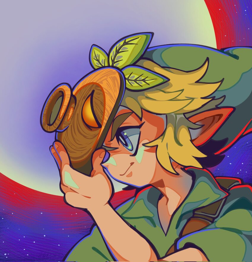 1boy blonde_hair blue_eyes deku_mask green_tunic hat highres holding jammy_(bunbunbewwii) link male_focus mask nintendo pointy_ears short_hair sky smile solo tagme the_legend_of_zelda the_legend_of_zelda:_majora&#039;s_mask tunic young_link