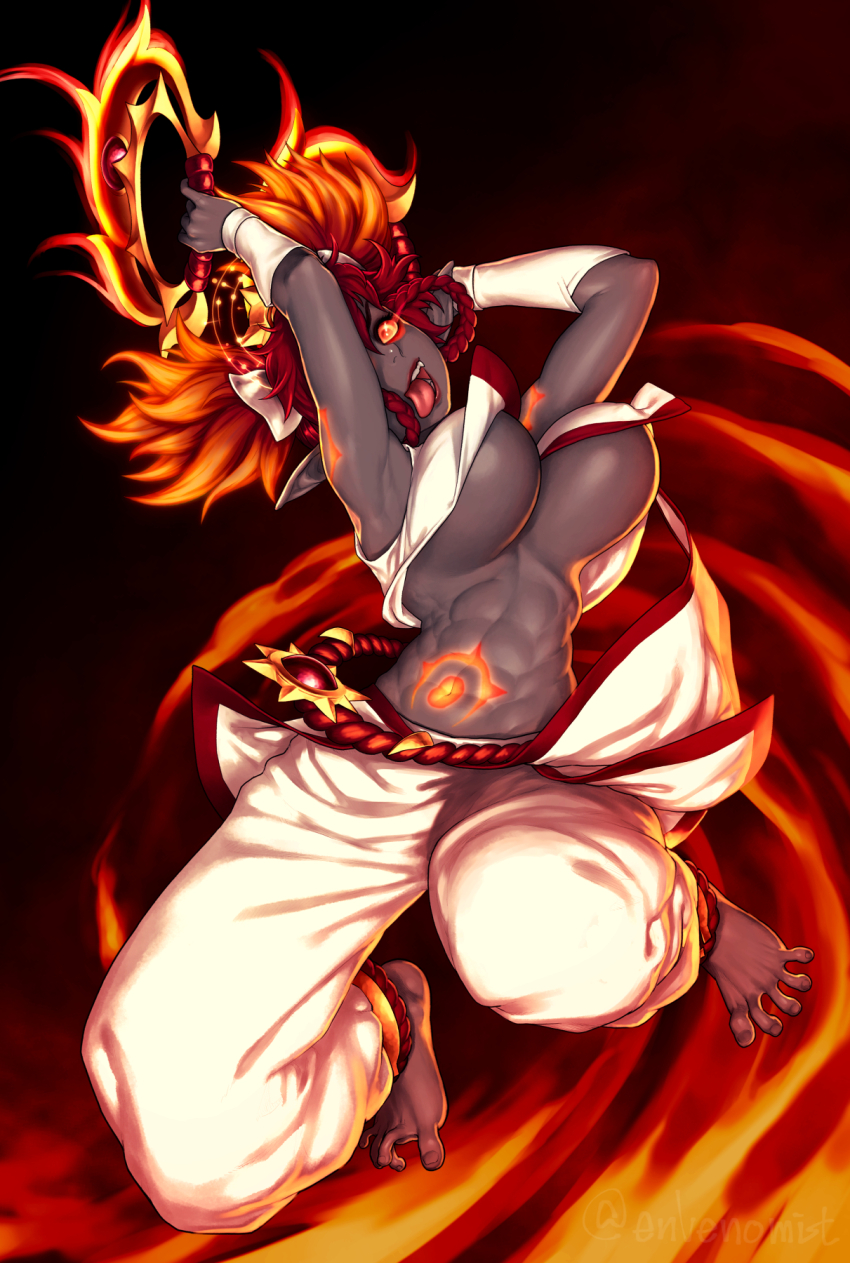 1girl abs armpits arms_up barefoot bouncing_breasts braid braided_hair_rings breasts chakram colored_sclera commentary_request crop_top dark-skinned_female dark_skin envenomist_(gengoroumaru) fiery_hair fire full_body hair_rings hero_wars highres holding holding_weapon jumping kayla_(hero_wars) large_breasts midriff navel open_mouth orange_eyes orange_hair pants pubic_tattoo red_hair red_sclera shirt short_hair solo tattoo toned_female tongue tongue_out underboob weapon white_pants white_shirt