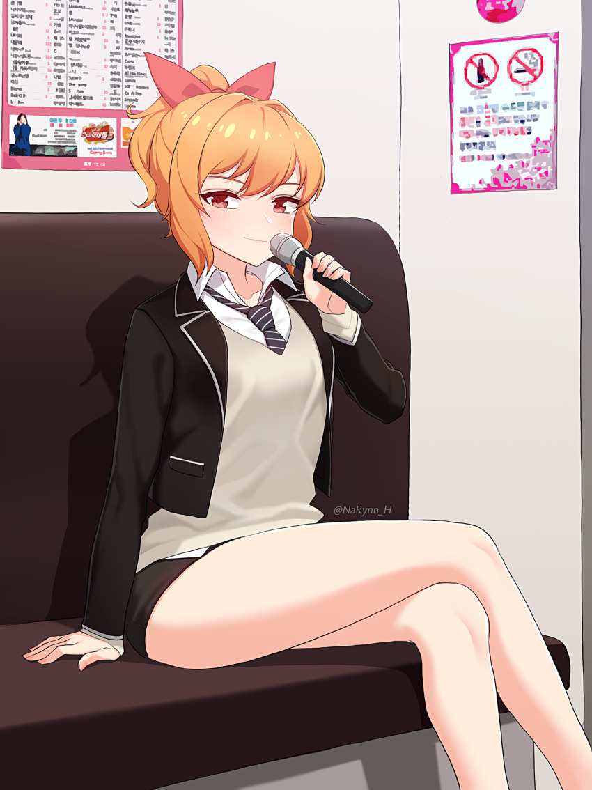 1girl bad_id bad_pixiv_id bare_legs bench black_jacket black_skirt blazer closed_mouth collarbone collared_shirt crossed_legs grey_sweater hair_ribbon hand_up highres holding holding_microphone indoors jacket karaoke legs long_hair long_sleeves looking_at_viewer microphone miniskirt narynn narynn_(character) necktie open_clothes open_jacket orange_hair original pencil_skirt ponytail red_eyes ribbon school_uniform shirt sitting skirt smile solo striped_necktie striped_neckwear sweater thighs twitter_username white_shirt wing_collar