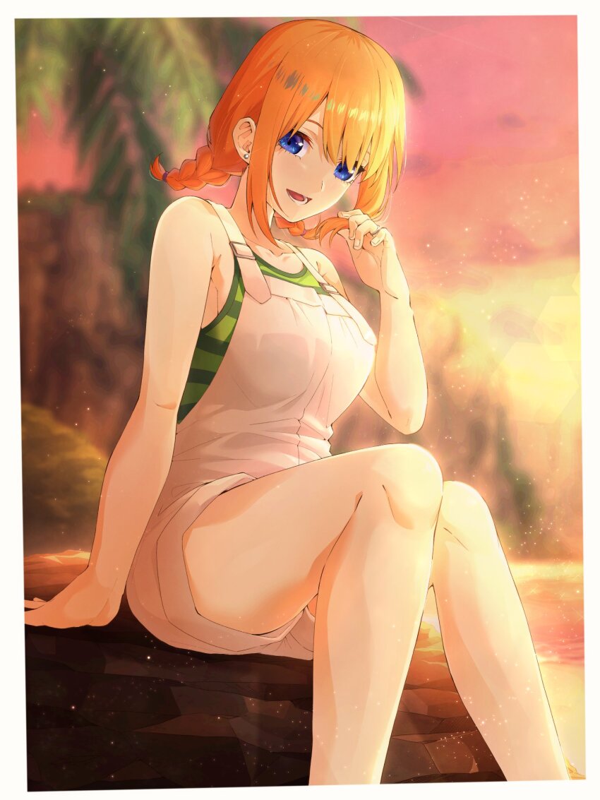 1girl arm_support bare_arms bare_shoulders blue_eyes blurry blurry_background border braid commentary_request go-toubun_no_hanayome green_tank_top highres looking_at_viewer medium_hair nakano_yotsuba open_mouth orange_hair overall_shorts overalls playing_with_own_hair sidelocks sitting smile solo striped_tank_top sunset tank_top twin_braids wai_(y48754085) white_border white_overalls