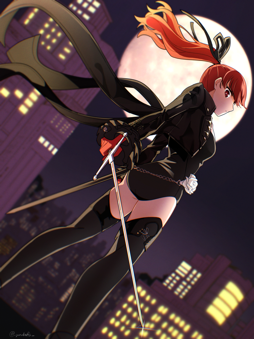 1girl ass bafarin black_jacket black_leotard black_ribbon building chain city_lights closed_mouth commentary_request floating_hair frilled_sleeves frills from_behind gloves hair_ribbon highres holding holding_sword holding_weapon jacket leotard leotard_under_clothes long_hair long_sleeves looking_at_viewer moon night night_sky persona persona_5 persona_5_the_royal ponytail profile red_eyes red_gloves red_hair ribbon sheath sky solo sword twitter_username weapon yoshizawa_kasumi