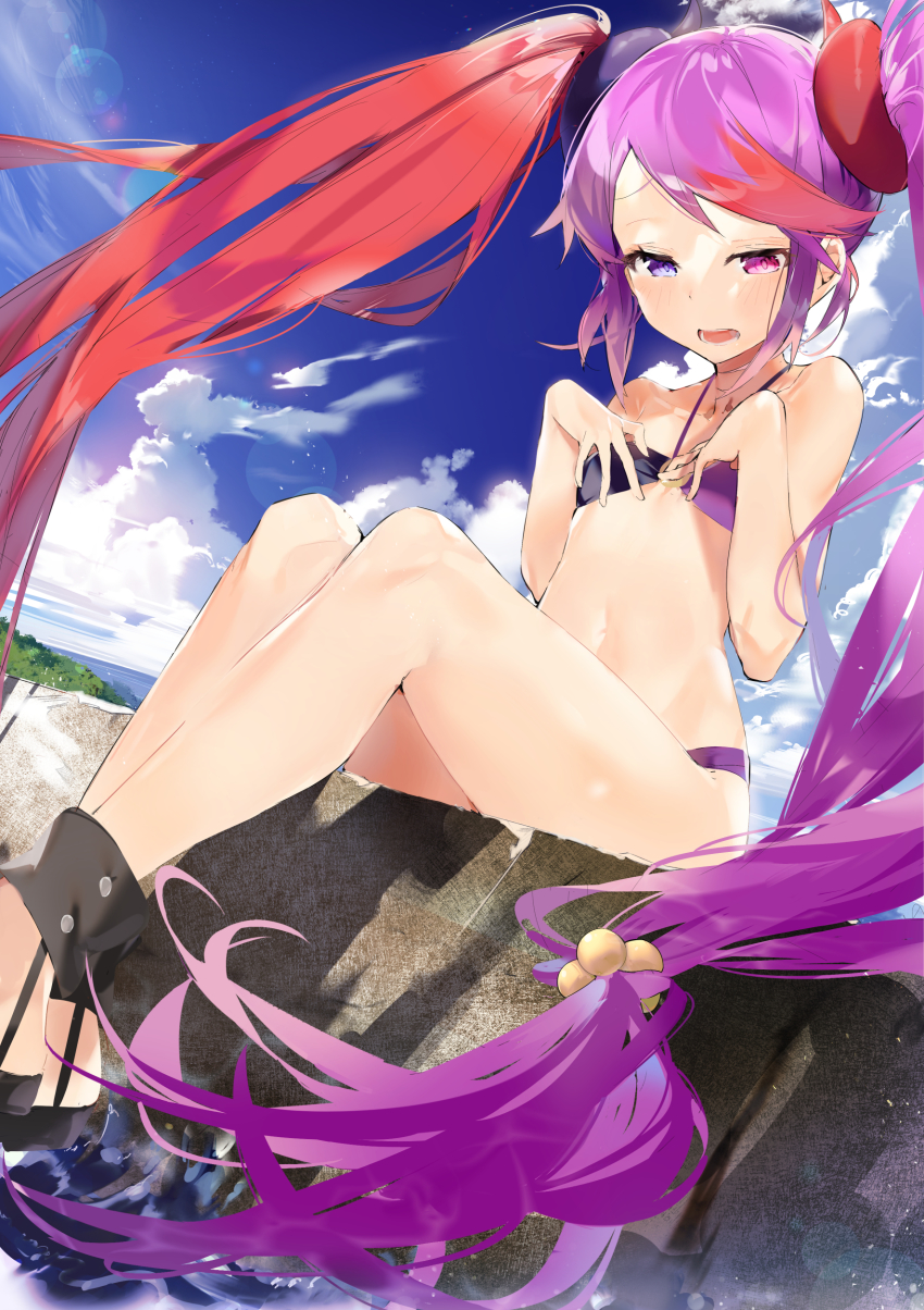 1girl absurdres aida_(chinhung0612) bare_shoulders bikini blush hair_ornament hairclip heterochromia highres long_hair misaki_(princess_connect!) misaki_(summer)_(princess_connect!) multicolored_bikini multicolored_hair ocean open_mouth outdoors princess_connect! purple_eyes purple_hair red_eyes red_hair sitting sky solo swimsuit twintails two-tone_bikini two-tone_hair very_long_hair