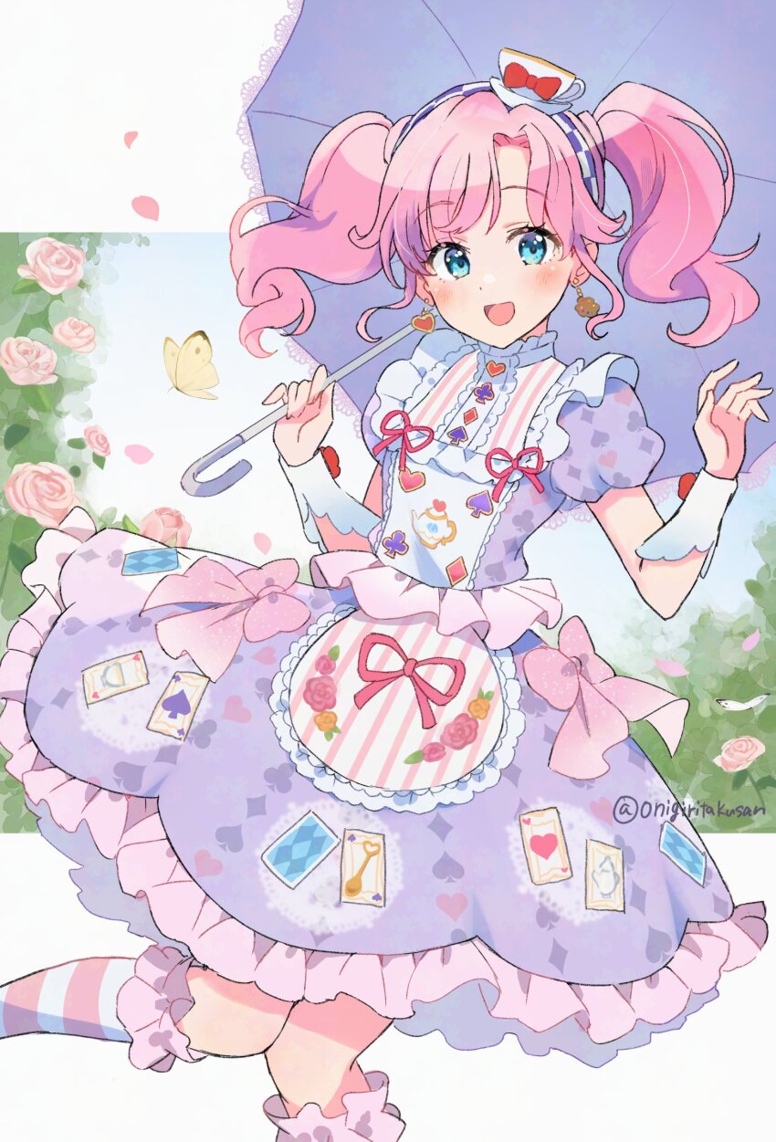 1girl :d aikatsu! aikatsu!_(series) amahane_madoka blue_eyes blush bow bug butterfly checkered_hairband commentary dot_nose dress dress_bow dress_ribbon earrings flower frilled_dress frilled_socks frills hair_ornament hairband hands_up heart heart_earrings highres holding holding_umbrella insect jewelry long_hair looking_at_viewer medium_dress ogura_(sao_no) open_mouth parasol pink_bow pink_flower pink_hair pink_ribbon pink_rose puffy_short_sleeves puffy_sleeves purple_dress purple_hairband ribbon rose short_sleeves sidelocks smile socks solo standing standing_on_one_leg striped_clothes striped_socks symbol-only_commentary twintails twitter_username umbrella white_background white_wrist_cuffs wrist_cuffs